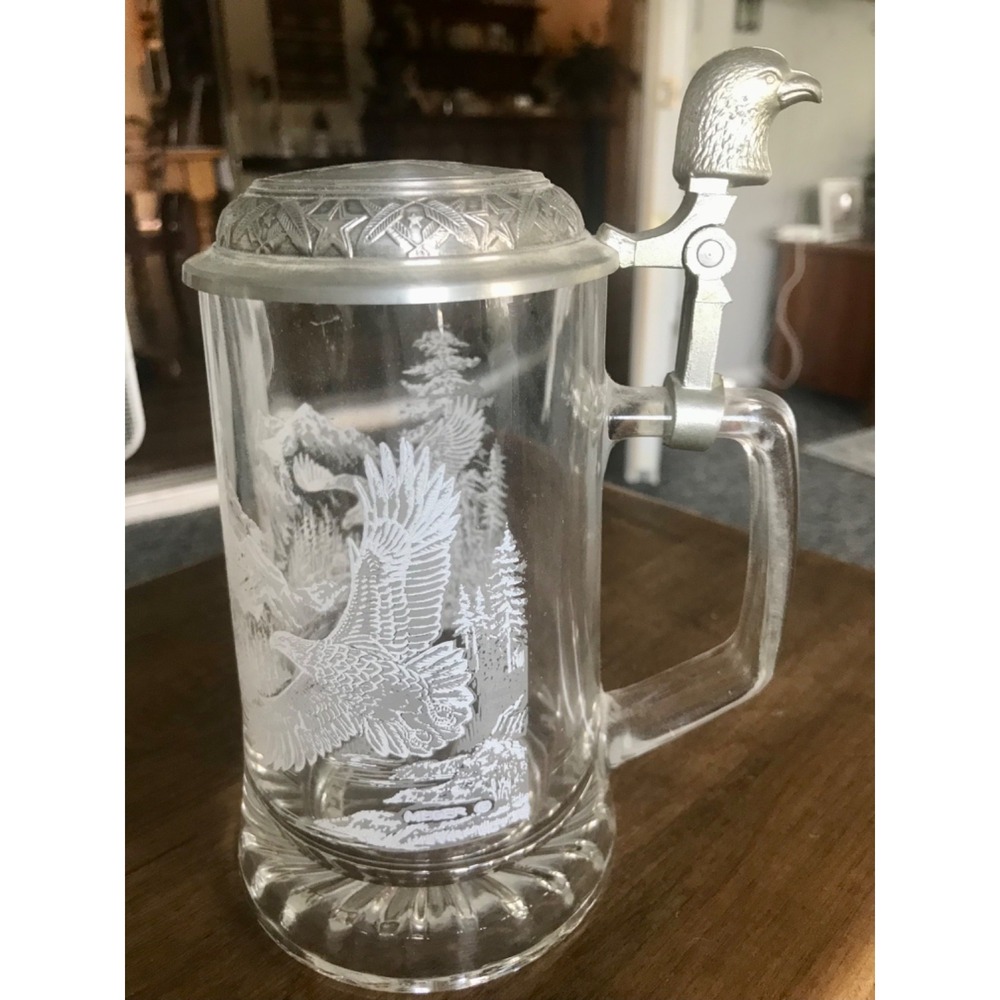 Vintage‎ Domea Glass Beer Stein with Pewter Eagle Lid and Etched Eagle Scene